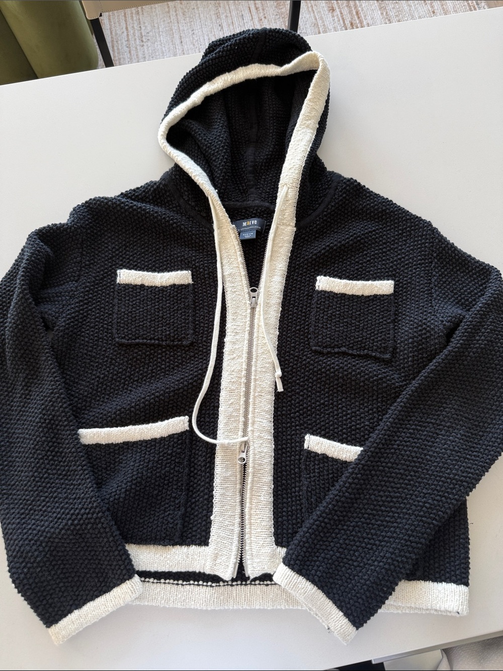Anthropologie Maeve Hooded Zip Sweater - Black & Cream